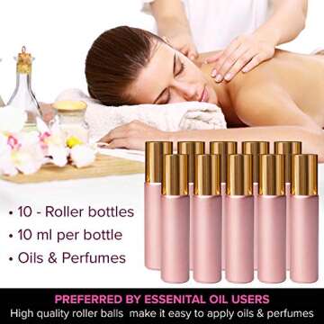 Rose Gold Ultimate Essential Oil Roller Bottles Set With Stainless Steel Balls, 10 Pack 10ml Leakproof Glass Bottle With 11 Rollerballs For Perfume & Aromatherapy Oils 1 Funnel + Opener & 192 Labels