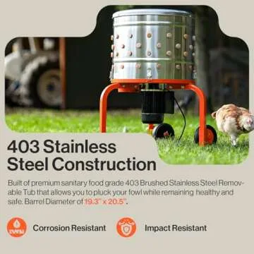 SuperHandy Chicken Plucker 1HP 120VAC - Electric Stainless Steel Poultry Processing Machine with 92 Soft Fingers, 20" Drum, GFCI Safety & Waterproof Design, Transport Wheels