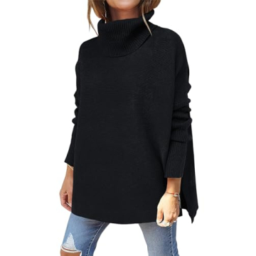 ANRABESS Women's Oversized Turtleneck Batwing Sleeve Split Casual Loose Knit Tunic Pullover Sweater ...
