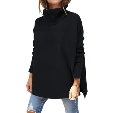 ANRABESS Women's Oversized Turtleneck Batwing Sleeve Split Casual Loose Knit Tunic Pullover Sweater ...