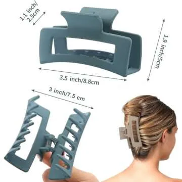 6 Pack Square Claw for Women Girls, 3.5" Medium Non-slip Rectangular Matte Clips Strong Hold Jumbo Hair Styling Accessories, Cool