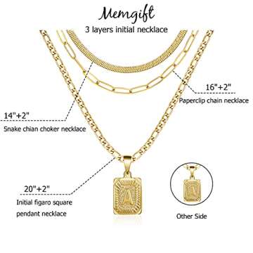 Memgift 3pcs Gold Layering Necklace Set Dainty Trendy Paperclip Snake Choker Gold Filled Stainless Steel Figaro Chain Layered Necklaces Jewelry Gifts Square Pendant Letter A