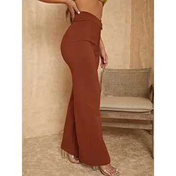SweatyRocks Women's Overlap Waist Seam Front Palazzo Wide Leg Pants High Waist Long Pant Casual Trousers Rust Brown S