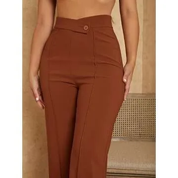 SweatyRocks Women's Overlap Waist Seam Front Palazzo Wide Leg Pants High Waist Long Pant Casual Trousers Rust Brown S