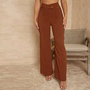 SweatyRocks Women's Overlap Waist Seam Front Palazzo Wide Leg Pants High Waist Long Pant Casual Trousers Rust Brown S