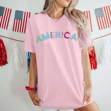 VILOVE 4th of July Oversized Shirts: Women American Letter Print Sequin Shirt Short Sleeve Crewneck ...