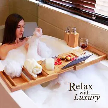 Domax Bathtub Caddy Tray Expandable Bamboo Tub Tray for Luxury Bath with Book Holder and Free Soap Dish Yellow