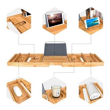 Domax Bathtub Caddy Tray Expandable Bamboo Tub Tray for Luxury Bath with Book Holder and Free Soap Dish Yellow