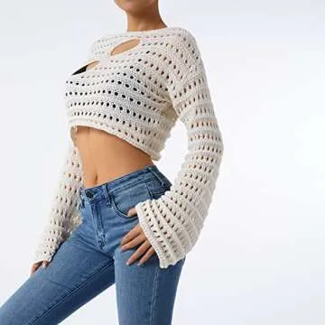Women Hollow Out Crochet Knit Crop Tops Color Block Long Sleeve Square Neck Fall Sweaters Tops E-Beige