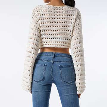 Women Hollow Out Crochet Knit Crop Tops Color Block Long Sleeve Square Neck Fall Sweaters Tops E-Beige