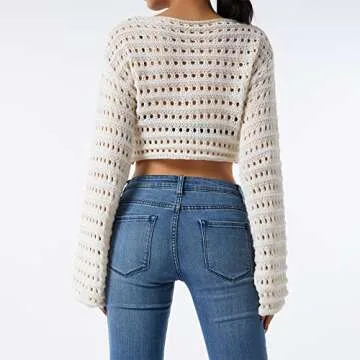 Women Hollow Out Crochet Knit Crop Tops Color Block Long Sleeve Square Neck Fall Sweaters Tops E-Beige