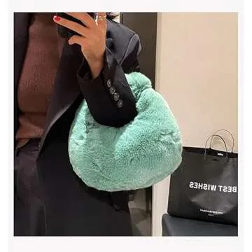 XPONNI Fuzzy Dumpling Bag, Cute Fluffy Bags Y2k, Cute Mini Handbags, Faux Fur Bag with Zipper, Soft Knotted Bag
