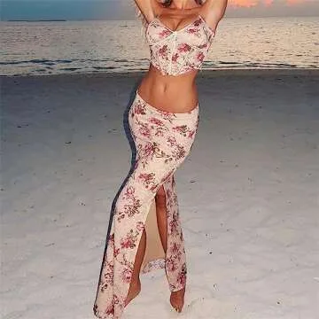 Yuemengxuan Women 2 Piece Maxi Skirt Outfits Set Sexy Ruffle Sleeveless Cami Top and High Split Long Skirts Suit Party Streetwear