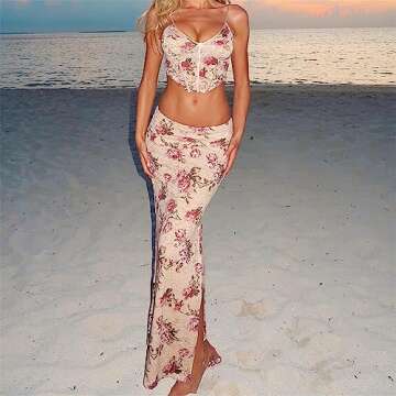 Yuemengxuan Women 2 Piece Maxi Skirt Outfits Set Sexy Ruffle Sleeveless Cami Top and High Split Long Skirts Suit Party Streetwear