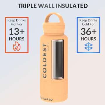 Coldest Insulated Water Bottle with Handle Lid | Leak Proof, Insulated Modern Stainless Steel, Triple Walled, Sport Thermos Bottles, Metal Flask | 32oz