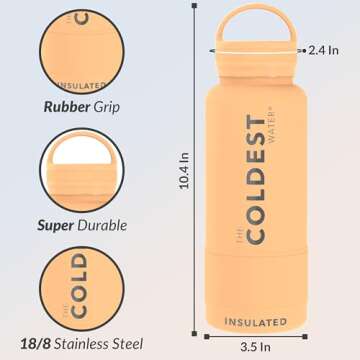 Coldest Insulated Water Bottle with Handle Lid | Leak Proof, Insulated Modern Stainless Steel, Triple Walled, Sport Thermos Bottles, Metal Flask | 32oz