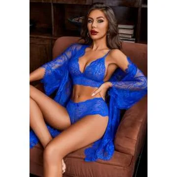 Avidlove Women Sexy Lingerie Set 3 Piece Lace Kimono Robe with Bra and Panty Sheer Sleepwear Blue