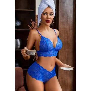 Avidlove Women Sexy Lingerie Set 3 Piece Lace Kimono Robe with Bra and Panty Sheer Sleepwear Blue