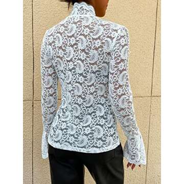 WDIRARA Women's Floral Lace Mock Neck Long Flounce Sleeve Pullover Sheer Slim Fit Stand Collar Blous...