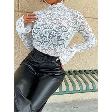 WDIRARA Women's Floral Lace Mock Neck Long Flounce Sleeve Pullover Sheer Slim Fit Stand Collar Blouse Top White L