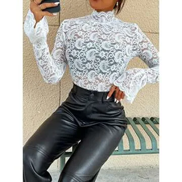 WDIRARA Women's Floral Lace Mock Neck Long Flounce Sleeve Pullover Sheer Slim Fit Stand Collar Blouse Top White L