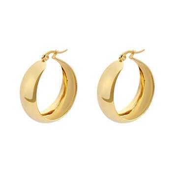 Edforce Stainless Steel 18K Gold Plated Lead-free Hypoallergenic Wide Large Rounded Hoop Earrings with Click-Top (Gold, 25)