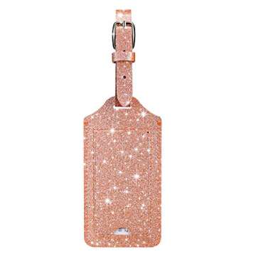 [2 Pack] Luggage Tags - HOTCOOL Leather Luggage Tags Travel Bag Tags, Glitter Rose Gold