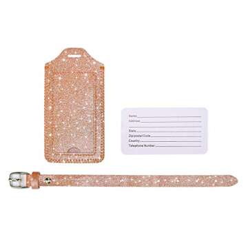 [2 Pack] Luggage Tags - HOTCOOL Leather Luggage Tags Travel Bag Tags, Glitter Rose Gold