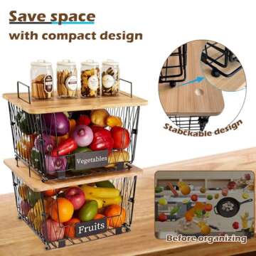 2 Pack Stackable Wire Storage Baskets with Wood Lid- Kitchen Countertop Organizer for Fruit Vegetabl...