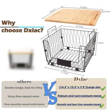 2 Pack Stackable Wire Storage Baskets with Wood Lid- Kitchen Countertop Organizer for Fruit Vegetable -Large Metal Bin for Pantry Organization and Storage, Black