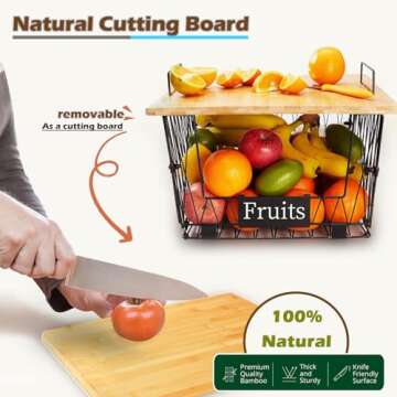 2 Pack Stackable Wire Storage Baskets with Wood Lid- Kitchen Countertop Organizer for Fruit Vegetable -Large Metal Bin for Pantry Organization and Storage, Black