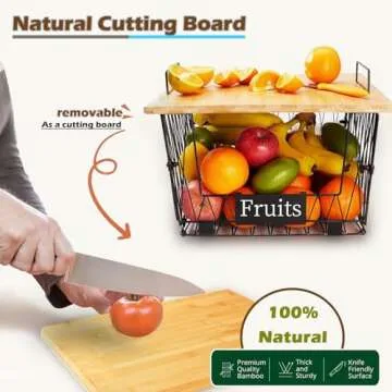 2 Pack Stackable Wire Storage Baskets with Wood Lid- Kitchen Countertop Organizer for Fruit Vegetable -Large Metal Bin for Pantry Organization and Storage, Black