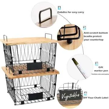 2 Pack Stackable Wire Storage Baskets with Wood Lid- Kitchen Countertop Organizer for Fruit Vegetable -Large Metal Bin for Pantry Organization and Storage, Black