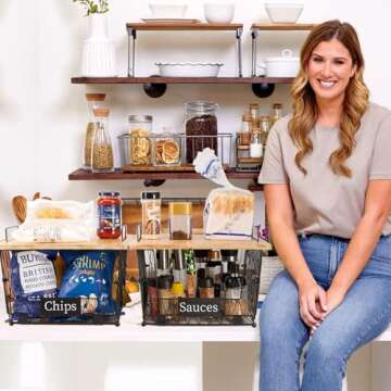 2 Pack Stackable Wire Storage Baskets with Wood Lid- Kitchen Countertop Organizer for Fruit Vegetable -Large Metal Bin for Pantry Organization and Storage, Black