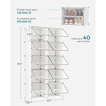 SONGMICS Shoe Rack, 10 Cubes Shoe Organizer with Doors, 40 Pair Plastic Shoe Storage Cabinet, for Bedroom, Entryway, Steel Frame, Plastic Panel, White ULPC035W01