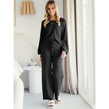 ANRABESS Women’s Two Piece Crop Top & Wide Leg Pants Lounge Sweater Sets 2024 Fall Knit Sweatsuits Cozy Trendy Outfits Black Small