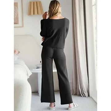 ANRABESS Women’s Two Piece Crop Top & Wide Leg Pants Lounge Sweater Sets 2024 Fall Knit Sweatsuits Cozy Trendy Outfits Black Small