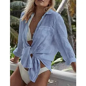 Breezy Lane Beach Cover Up for Women Button Down Shirt Swimsuit Coverup Bathing Suit Cover Ups for Swimwear Vacation Light Blue