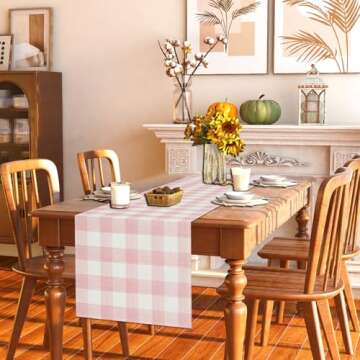 Linen Watercolor Pink White Buffalo Check Plaid Table Runner Gingham Tablecloth Farmhouse Spring Sum...