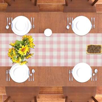 Linen Watercolor Pink White Buffalo Check Plaid Table Runner Gingham Tablecloth Farmhouse Spring Summer Easter Home Kitchen Table Decorations-13×72''(Pink and White)