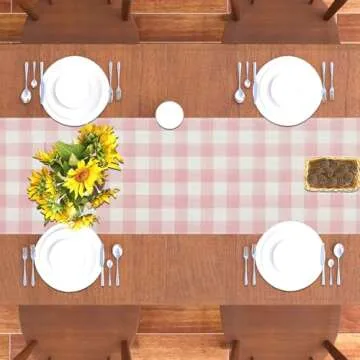 Linen Watercolor Pink White Buffalo Check Plaid Table Runner Gingham Tablecloth Farmhouse Spring Summer Easter Home Kitchen Table Decorations-13×72''(Pink and White)