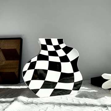 BUICCE Modern Black and White Checkered Ceramic Flower Vase, Cute Small Decotive Dandelion Vase for ...
