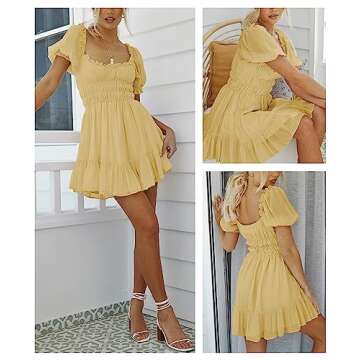 MIYIEONZ Women's Square Neck Puff Sleeve Mini Dresses Ruffle Elastic Waist A-Line Elegant Summer Casual Flowy Mini Dress Yellow