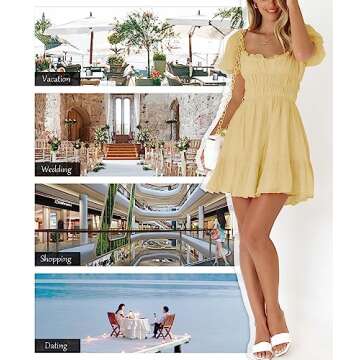 MIYIEONZ Women's Square Neck Puff Sleeve Mini Dresses Ruffle Elastic Waist A-Line Elegant Summer Casual Flowy Mini Dress Yellow