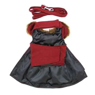 Burgundy Dog Coat with Fur Collar and Matching Leash