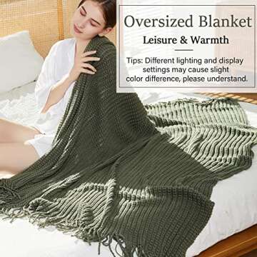 Blagic Knitted Throw Blanket for Couch Soft Farmhouse Boho Throw Blanket with Tassels Home Decorative Lightweight Throw Blankets,Dark Green Throws for Bed/Chair/Sofa, Wheat Textured, 50" W x 60" L
