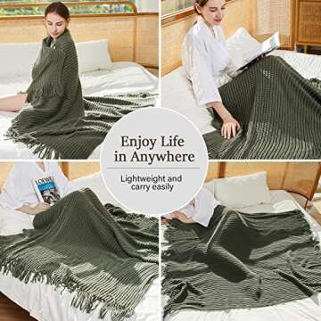 Blagic Knitted Throw Blanket for Couch Soft Farmhouse Boho Throw Blanket with Tassels Home Decorative Lightweight Throw Blankets,Dark Green Throws for Bed/Chair/Sofa, Wheat Textured, 50" W x 60" L