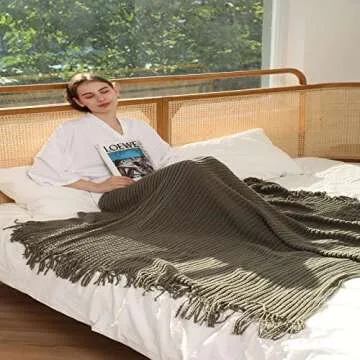 Blagic Knitted Throw Blanket for Couch Soft Farmhouse Boho Throw Blanket with Tassels Home Decorative Lightweight Throw Blankets,Dark Green Throws for Bed/Chair/Sofa, Wheat Textured, 50" W x 60" L