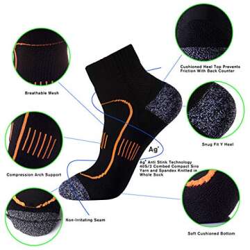 Men's 5-Pack Black Cushioned Anti Odor Blister Proof Quarter Crew Compression Running Socks, Size 7-12