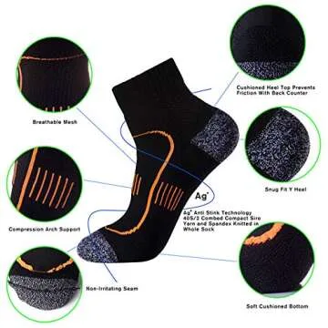 Men's 5-Pack Black Cushioned Anti Odor Blister Proof Quarter Crew Compression Running Socks, Size 7-12